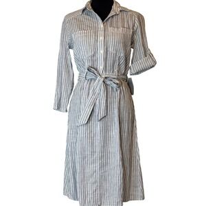 NWT Max Studio Blue White Striped Cotton Linen Shirt Dress Midi XS